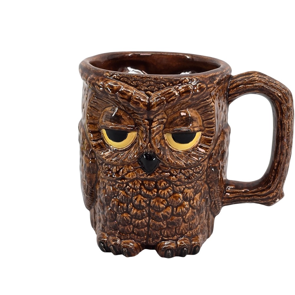 Vintage‎ Ceramic Owl Mug Brown Textured Bird Coffee Cup Wood Look Handle 4.5"